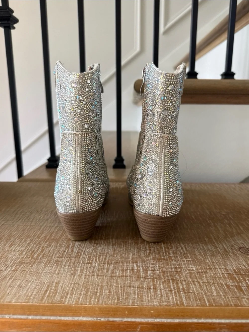 Crystal Embellished Western Ankle Boots - Silver Glitter